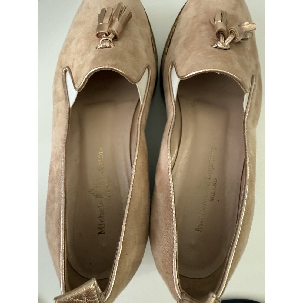 Michele Lopriore Cassidy Suede Loafers Shoes Womens 38.5 Gold Pewter Leather - Picture 7 of 13